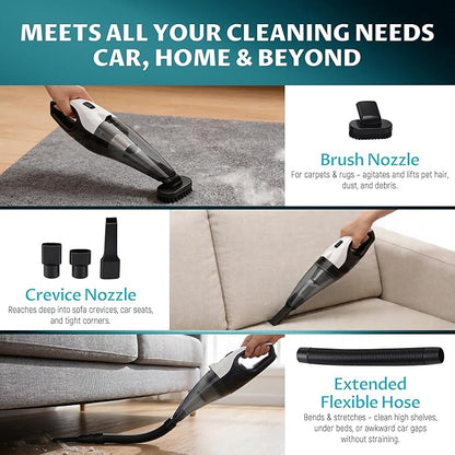 Handheld Vacuum Cordless, 6000Pa Strong Suction for Car Seats & Pet Hair, with USB and 5 m Car Charger, Portable with LED Light for Home Office, Lightweight