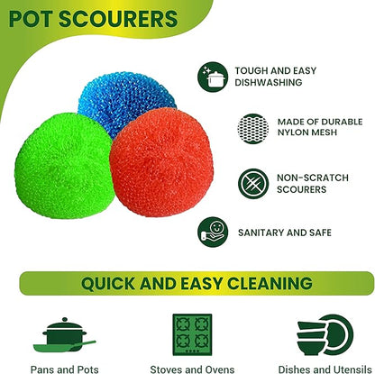 36 Round Nylon Dish Scrubber Scouring Pads by Scrub-It -3 Packs of 6 Scour Pads - Assorted Colors - Tough and Durable - Non-Scratch for Non-Stick Cookware - (36)