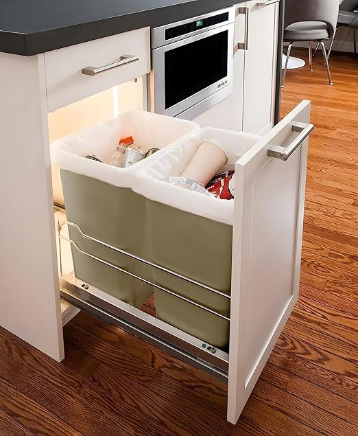 Rok Hardware Soft Closing Undermount Kitchen Cabinet Heavy Duty Pull Out Organizer Trash and Recycling Center with CHAMPAGNE Finish Dual 36 Quart Capacity Waste Recycle Bin Garbage Can ROKRECYCLE3CHAM