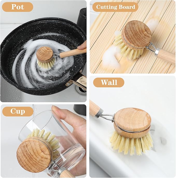 Kifmurase Bamboo Dish Brush with Handle, 10 Pcs Replacement Heads Wooden Kitchen Brush for Dishes, Vegetable Brushes Dish Scrubber for Cleaning Kitchen Room Vegetable Pots and Pans