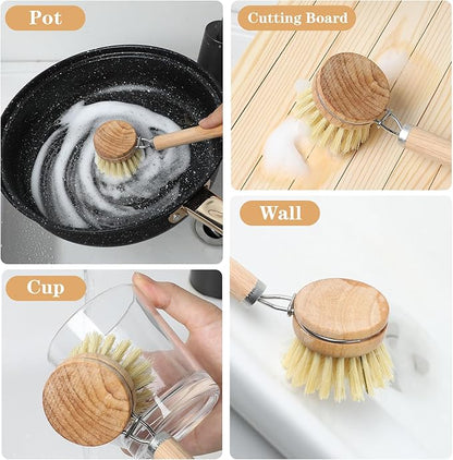 Kifmurase Bamboo Dish Brush with Handle, 10 Pcs Replacement Heads Wooden Kitchen Brush for Dishes, Vegetable Brushes Dish Scrubber for Cleaning Kitchen Room Vegetable Pots and Pans