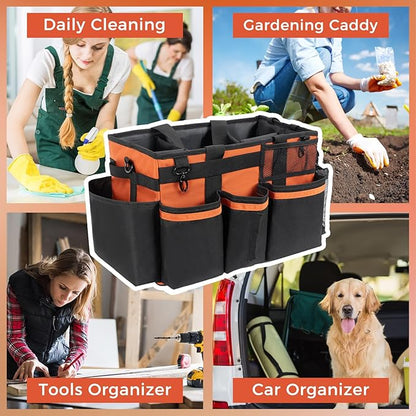 SCAVATA Wearable Cleaning Caddy, Cleaning Caddy Supplies Organizer with Handle & Shoulder Straps for Housekeepers, Under Sink & Car Cleaning Tool Organizers Bag with 4 Foldable Divider (RetroOrange)