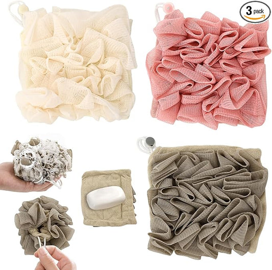 3 Pcs Soap Bar Loofah, 2 in 1 Bar Soap Loofah Pouch Can Hold Soap Effective Exfoliation for Bathing (Khaki+ Beige + Pink)