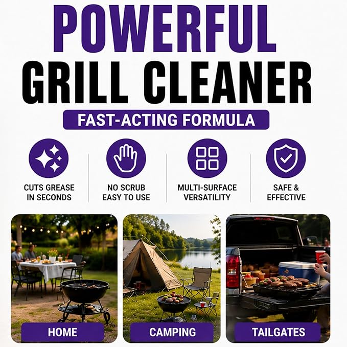 Fast-Acting Grill Cleaner Spray, Heavy Duty BBQ Degreaser for Burnt Food & Stubborn Grease, Powerful No-Scrub Oven & Kitchen Cleaner for Grills, Stovetops & Pans (2)