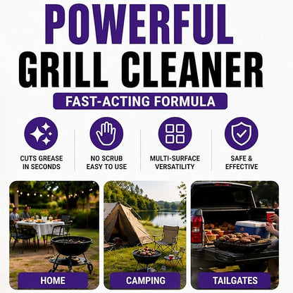 Fast-Acting Grill Cleaner Spray, Heavy Duty BBQ Degreaser for Burnt Food & Stubborn Grease, Powerful No-Scrub Oven & Kitchen Cleaner for Grills, Stovetops & Pans (2)