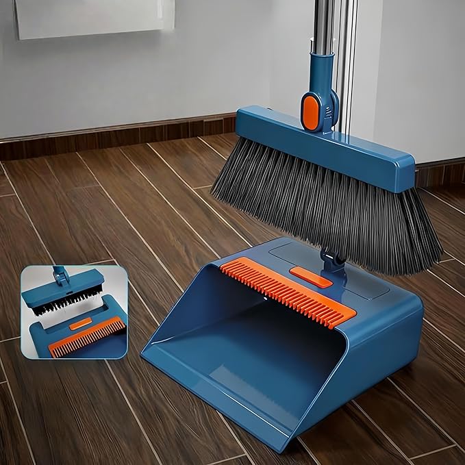 3in1 Broom and Dustpan Combo with Cleaning Teeth, Adjustable Long Handle, 180° Rotating Broom,Ideal for Pet Hair, Indoor Outdoor Heavy Duty Floor Sweeping (Blue)