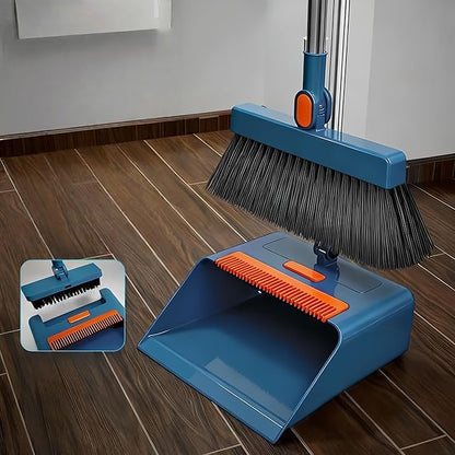 3in1 Broom and Dustpan Combo with Cleaning Teeth, Adjustable Long Handle, 180° Rotating Broom,Ideal for Pet Hair, Indoor Outdoor Heavy Duty Floor Sweeping (Blue)