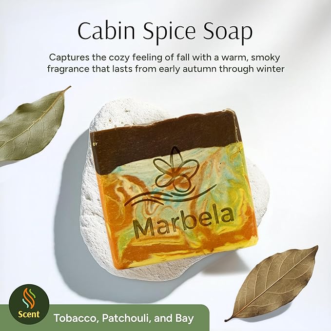 Marbela Cosmetics Handmade Soap Bar - Made in USA, Vegan Friendly, Palm Oil Free, Natural Bar Soap - Gentle Face & Body Soap for Daily Skin Care, Moisturizing & Nourishing - 3.5 oz (Cabin Spice)