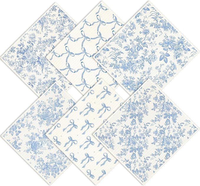 Whaline 6 Pcs Blue White Flower Swedish Dishcloths Chinoiserie Floral Bow Absorbent Decorative Cotton Dish Towel for Home Kitchen Cooking Cleaning Decor Housewarming Gift, 7 x 8 Inch