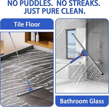 COBETE Floor Scrubber Grout Brush with 16.92IN Large Floor Rubber Squeegee, V-Shaped Scrub Brush and Foam Squeegee Collaborate Cleaning For Tiles, Marble, Glass in Bathrooms, Kitchen,Garages, Pet Hair