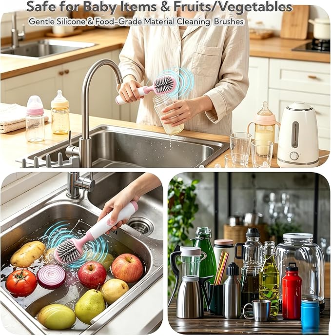 Electric Bottle Brush Set, 6-in-1 Electric Cleaning Brush with Waterproof Silicone Cleaner, 3 Replaceable Brush Heads, Straw Brush & Extension Rod, for Baby Feeding Accessories and Kitchen Utensils