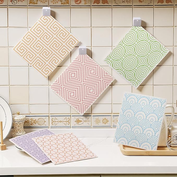 Homaxy Swedish Dishcloths for Kitchen, 6 Pack Geometric Reusable Paper Towels with Clips, Absorbent Cellulose Sponge Dish Cloths for Washing Dishes, Non-Scratch & Odor-Free Dish Rags