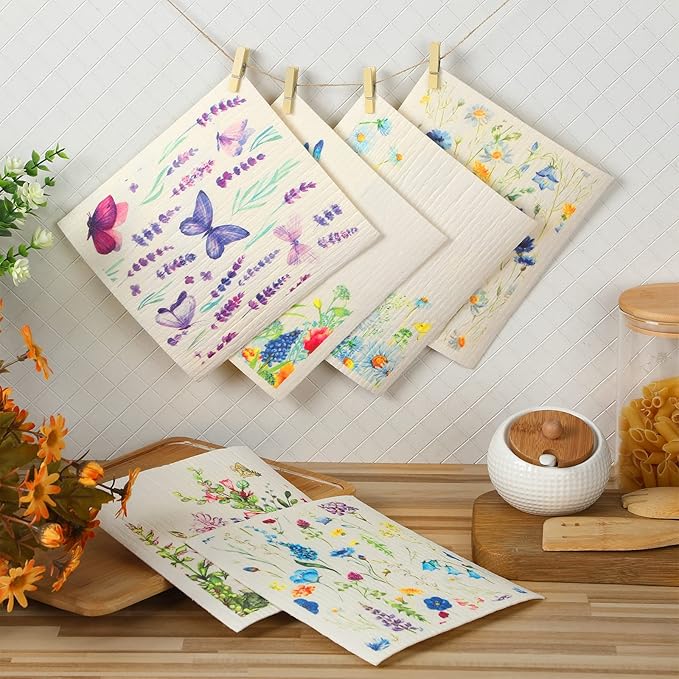 Cunhill 6 Pcs Swedish Dishcloth for Kitchen Spring Floral Swedish Dish Towels Colorful Wildflowers Dishcloth Watercolor Reusable Paper Towels Wildflowers Sponge Cloth for Party Home Cleaning Decor