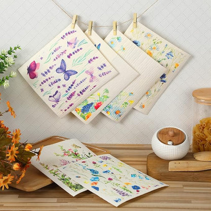 Cunhill 6 Pcs Swedish Dishcloth for Kitchen Spring Floral Swedish Dish Towels Colorful Wildflowers Dishcloth Watercolor Reusable Paper Towels Wildflowers Sponge Cloth for Party Home Cleaning Decor