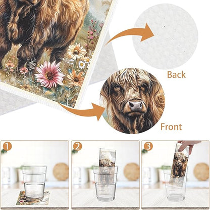 Highland Cow Swedish Dishcloths for Kitchen 6PCS Floral Highland Cow Swedish Cloths for Washing Dishes Reusable Flower Animals Themed Washable Cotton Kitchen Towels for Home Supplies