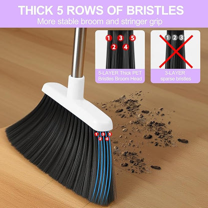 Broom with Dustpan Combo Set for Home, 52-in Long Adjustable Handle Angle Broom and Dustpan Set with Dustpan Comb Teeth for Sweeping Pet Hair Food Dirt Kitchen