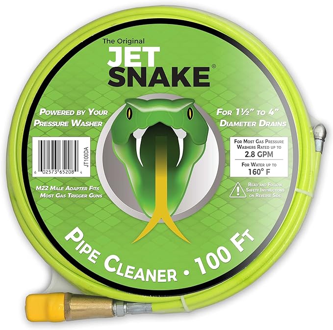 100 FT SEWER JETTER - Flexible Steel Braid - Complete and Ready to Use - For Your 2.0 to 2.8 GPM Gas Pressure Washer