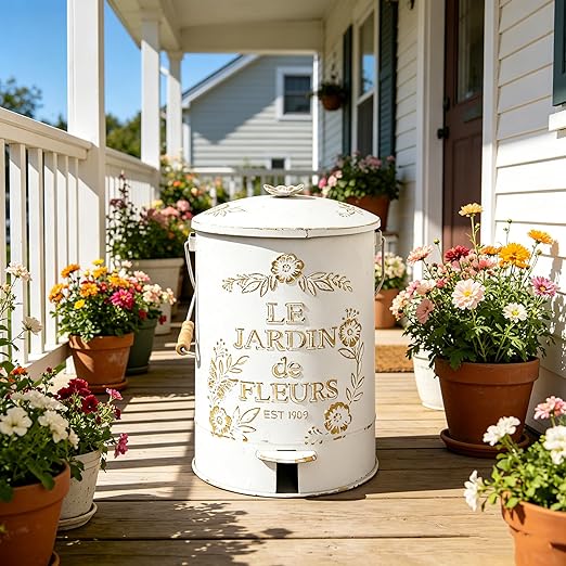 Rustic Farmhouse Decor Trash Can with Lid and Pedal Retro Handmade Distressed Design Pattern Round Garbage Cans Recycling Waste Bin for Home Patio Yard Bathroom Kitchen Garden Living Room White&Gold