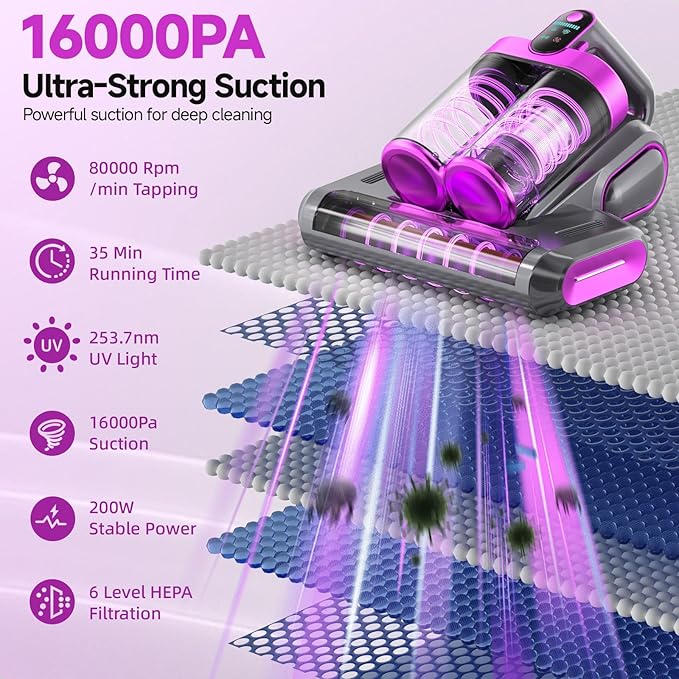 Mattress Vacuum Cleaner - 16Kpa Bed Vacuum with 253.7nm UV-C Light, 140°F Heat, Ultrasonic Tech & Hepa Filter, Portable Handheld Couch Cleaners for Pet Carpet Sofa Hair Home, Purple-Cordless