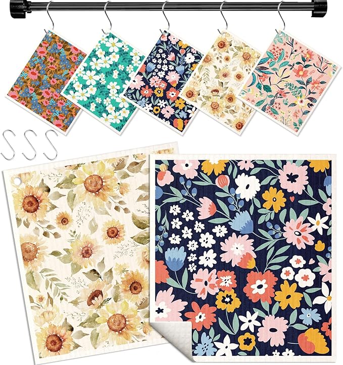 Miss Adola Swedish Dishcloths for Kitchen with Hooks - Reusable Dish Cloths for Washing Dishes Fast Drying Cute Fun 5 Pack Swedish Dish Towels Washable Cleaning Sponge, Color Floral Cluster