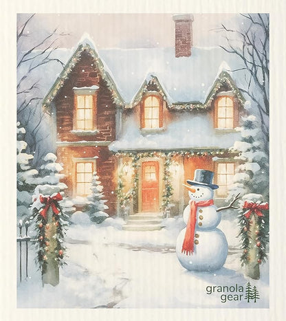 Home by GranolaGear-Christmas Swedish Dishcloths for Kitchen 6-Pack Reusable Paper Towels, Eco-Friendly, Compostable, Biodegradable Dish Wash Cloth Sponge, Winter Holiday Snowman Art-Cozy Snow Day