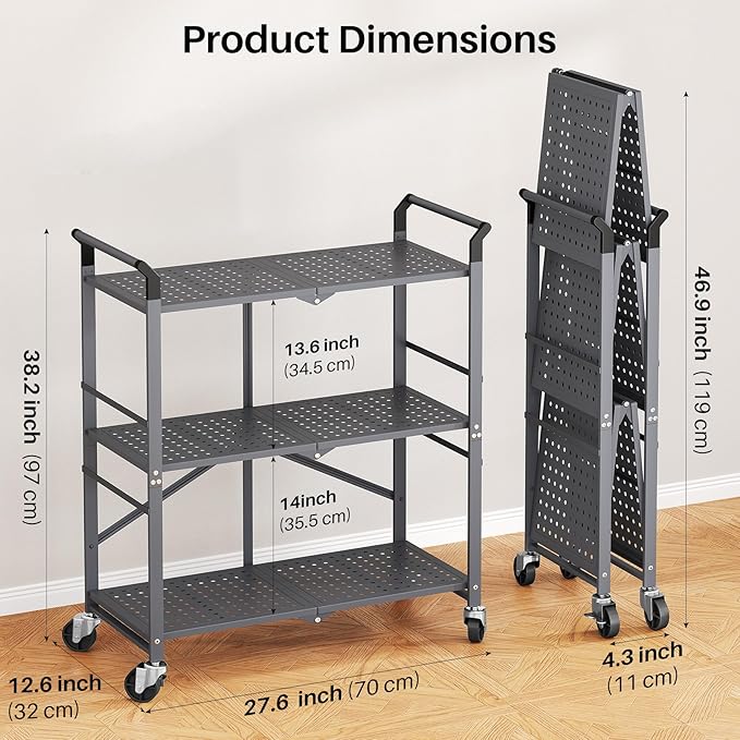 3 Tier Utility Carts - Folding Metal Rolling Cart with Wheels for Kitchen Office Garage Storage, Grey