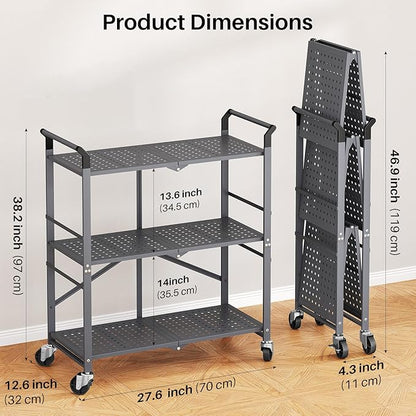 3 Tier Utility Carts - Folding Metal Rolling Cart with Wheels for Kitchen Office Garage Storage, Grey