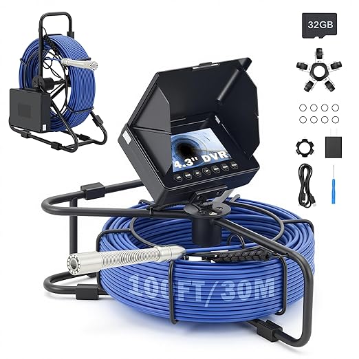ZELCAN 4.3" Sewer Camera, Sewer Inspection Camera with 100 ft. Cable & Length Markers, Waterproof Drain Pipe Camera with 32GB Card 12 LED Lights, Rechargeable Plumbing Camera for Sewer Pipe Drain