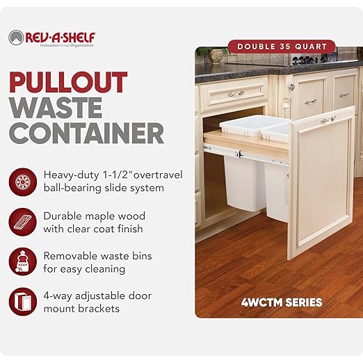 Rev-A-Shelf Top Mount Double Pullout Under Cabinet 35 Quart Kitchen Trash Cans with 150 Pound Rated Full-Extension Slides, 4WCTM-21DM2