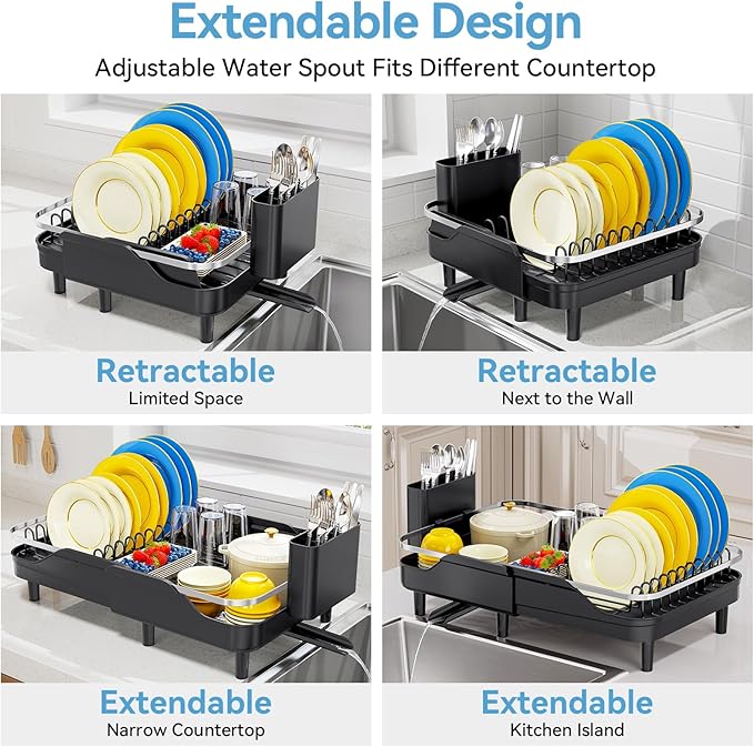 Urackify Expandable Dish Rack for Kitchen Counter,16.14"-23.62" Large Stainless Steel Dish Drying Rack with Adjustable Water Spout, Space Saving Dish Drainer with Auto Draining Cutlery Holder,Black