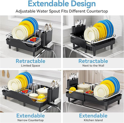 Urackify Expandable Dish Rack for Kitchen Counter,16.14"-23.62" Large Stainless Steel Dish Drying Rack with Adjustable Water Spout, Space Saving Dish Drainer with Auto Draining Cutlery Holder,Black