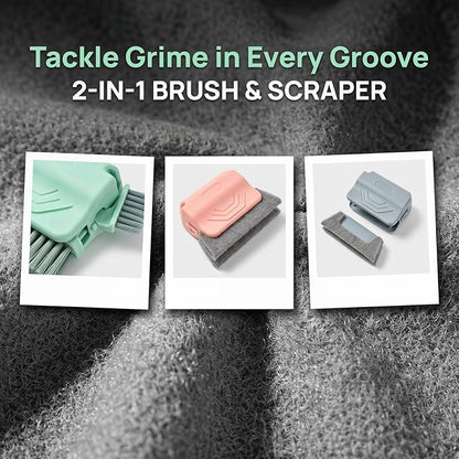 3 Pack Window Track Cleaning Brush Set, Multi-Purpose Groove Cleaner Tool with Detachable Head & Corner Scraper, for Window Tracks, Tile Grout, Blinds, Car Vents & Narrow Gaps (Green)