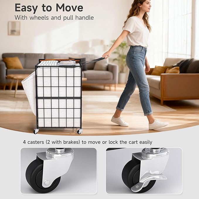 90L Laundry Basket with Wheels, Large Capacity Laundry Hamper with Removable Liner Bags, Heavy Duty Laundry Sorter with Solid Wood Lid & Leather Handles, Beige