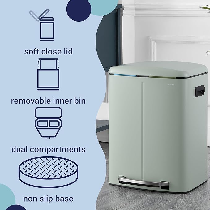 happimess HPM1005E Marco Rectangular 10.6-Gallon Double Bucket Trash Can with Soft-Close Lid, Pistachio Gelato, Fingerprint Resistant, Modern, Minimalistic for Home, Kitchen, Office, Bedroom, Bathroom