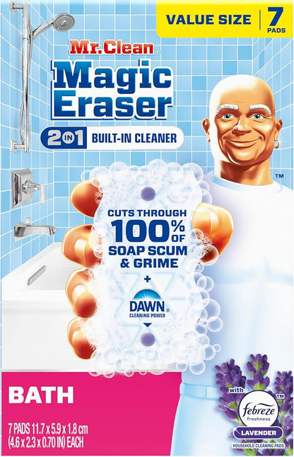 Mr. Clean Magic Eraser Sponge, Bathroom, Shower & Tub Cleaner, Soap Scum Remover, Bathroom Cleaning Supplies, Dawn Cleaning Power with Febreze Lavender Scent, 2 in 1 Bath, 7ct (Pack of 4)