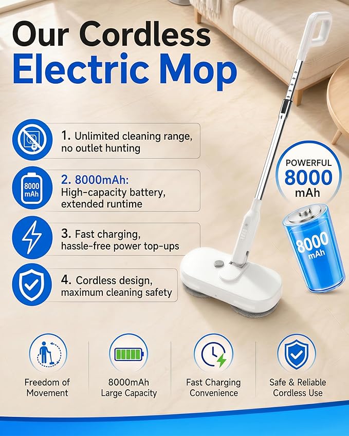 buways Lightweight Cordless Electric Mop, Self-Propelled Electric Spin Mop, Gravity Assist Pressure, 8000mAh Battery, LED Light & Water Spray, for Hardwood, Tile & Laminate Floors