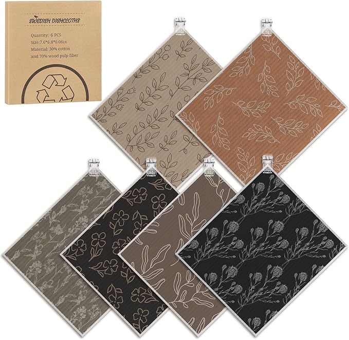 Needbrock 6 Pack Swedish Dishcloths for Kitchen,Swedish Rags Dish Towels with Clips, Reusable Paper Towels Washable Absorbent Cellulose Sponge Cloths No Odor for Cleaning Home Kitchen Gifts for Mom