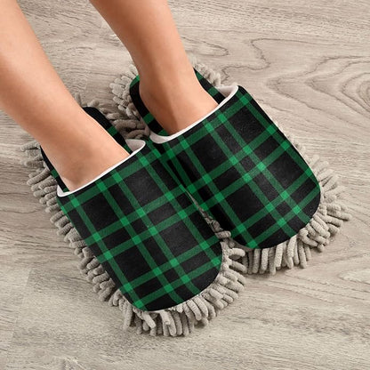 Kigai Microfiber Cleaning Slippers Black Green Plaid Washable Mop Shoes Slipper for Men/Women House Floor Dust Cleaner, Size L