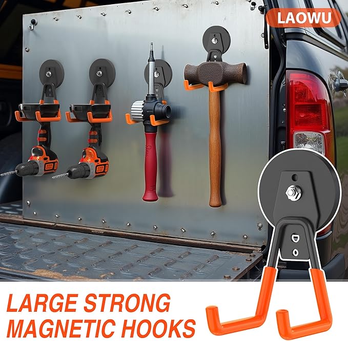 4Pcs Magnetic Hooks Heavy Duty, Large Strong Magnetic Storage Hook for Hanging Garage Tool, 66mm Magnet Hooks with Anti-Slip Coating, Magnetic Holder for Power Drill/Metal Cabinet/Garden Tools