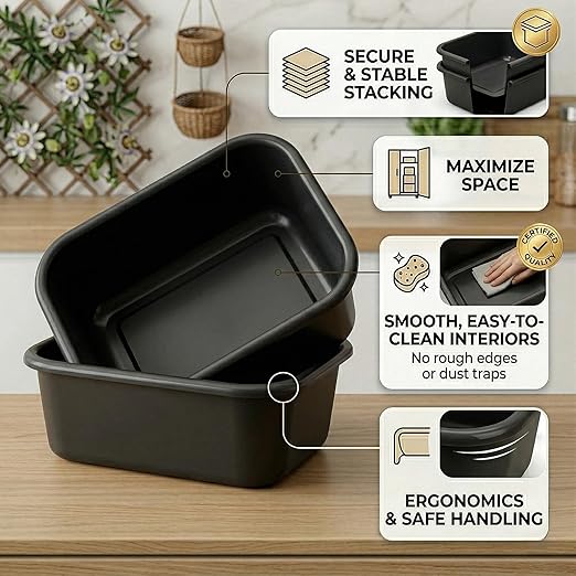 DecorRack 2 Plastic Wash Basins, Large 10 Quart Graduated Bucket, Portable Washbasin for Washing, Cleaning, Foot Bath, Dishes, Face Cleansing Bowl, Black (2 Pack)