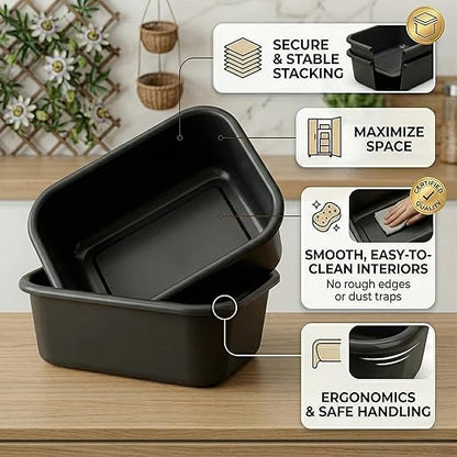 DecorRack 2 Plastic Wash Basins, Large 10 Quart Graduated Bucket, Portable Washbasin for Washing, Cleaning, Foot Bath, Dishes, Face Cleansing Bowl, Black (2 Pack)