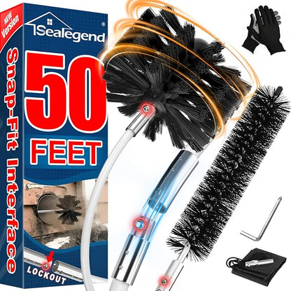 Sealegend 50 Feet Dryer Vent Cleaner Kit/Lint Remover/Fireplace Chimney Brushes/Upgraded Flexible Quick-Snap Brush with Drill Attachment for Easy to use/Cleaning Tools Use with or Without Power Drill