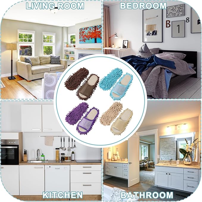 Wesiti 4 Pairs Washable Mop Slippers Microfiber Funny Mop Shoes Floor Cleaning Slippers for Women Home Floor(Simple,Brown, Blue, Purple, Beige)