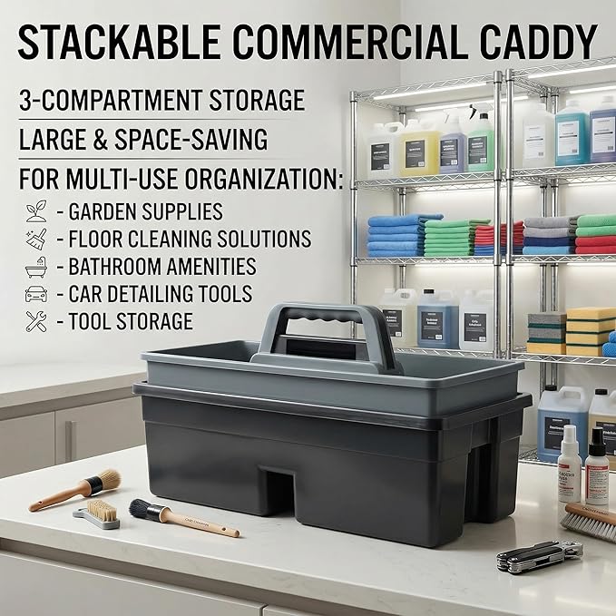 3-Compartment Plastic Cleaning Caddy Basket – Stackable Large Commercial Quality Plastic Tool Organizer Bucket with Handle, Black