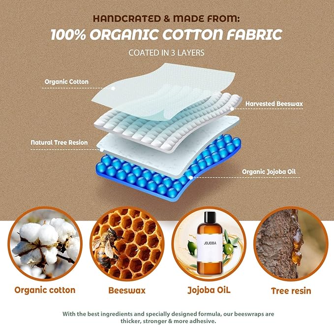 Akeeko Reusable Beeswax Food Wraps - Assorted 9 Packs, Reusable, Plastic-Free Food Storage, 5 Small, 3 Medium, 1 Large Wraps with Plants Pattern