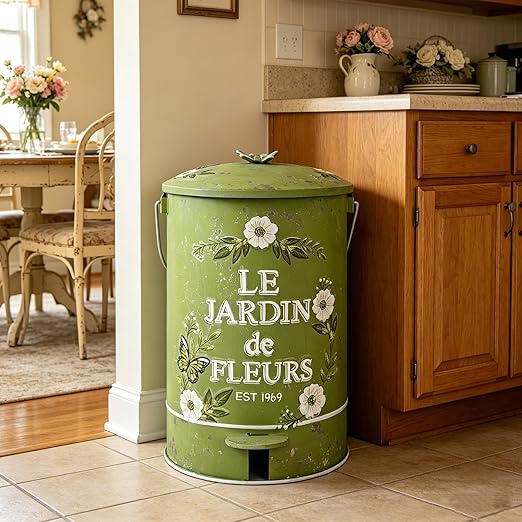 Rustic Farmhouse Decor Trash Can with Lid and Pedal Retro Handmade Distressed Design Pattern Round Garbage Cans Recycling Waste Bin for Home Patio Yard Bathroom Kitchen Garden Living Room Green
