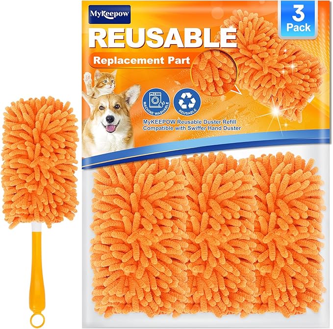 Reusable Duster Refill for Swiffer Hand Duster, 360 Degree Duster Refills for Spring Cleaning, Ceiling Fan, Orange, 3 Pack (Handle is Not Included)