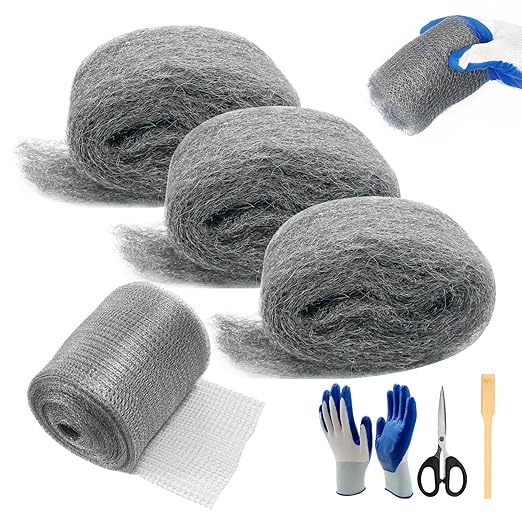 [Upgrade 4in1] Steel Wool Mice Control,Dual-Layer Protection for Mouse,Wire Mesh Hole Filler Gap Rodent Control Fill Fabric,Weep Hole Covers,3 Pack Steel Wool 0000&1 Pack Stainless Mesh Kit with Tools