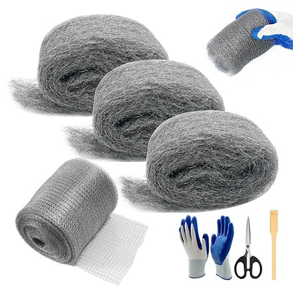 [Upgrade 4in1] Steel Wool Mice Control,Dual-Layer Protection for Mouse,Wire Mesh Hole Filler Gap Rodent Control Fill Fabric,Weep Hole Covers,3 Pack Steel Wool 0000&1 Pack Stainless Mesh Kit with Tools