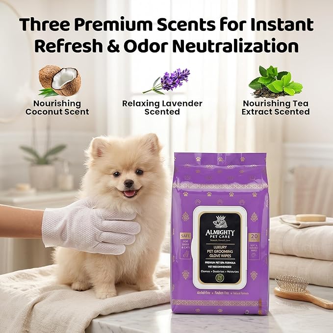 Premium Pet Grooming Glove Wipes for Dogs & Cats, 3X Thick No-Rinse Bathing Gloves, Hypoallergenic Deodorizing Paw & Body Cleaner, Natural Extracts to Hydrate & Nourish, 20 Count, Coconut Scent